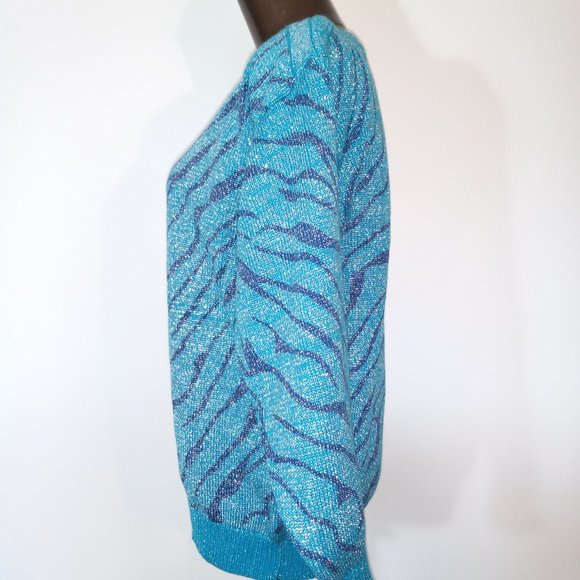 crew-neck tourquoise metalic thread zebra print sweater vintage 1980s - Picture 4 of 8